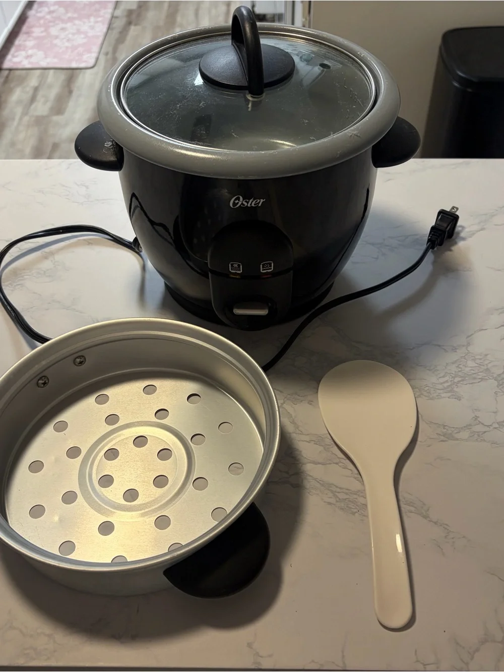 Oster Black Rice Cooker with Glass Lid and Gray Trim